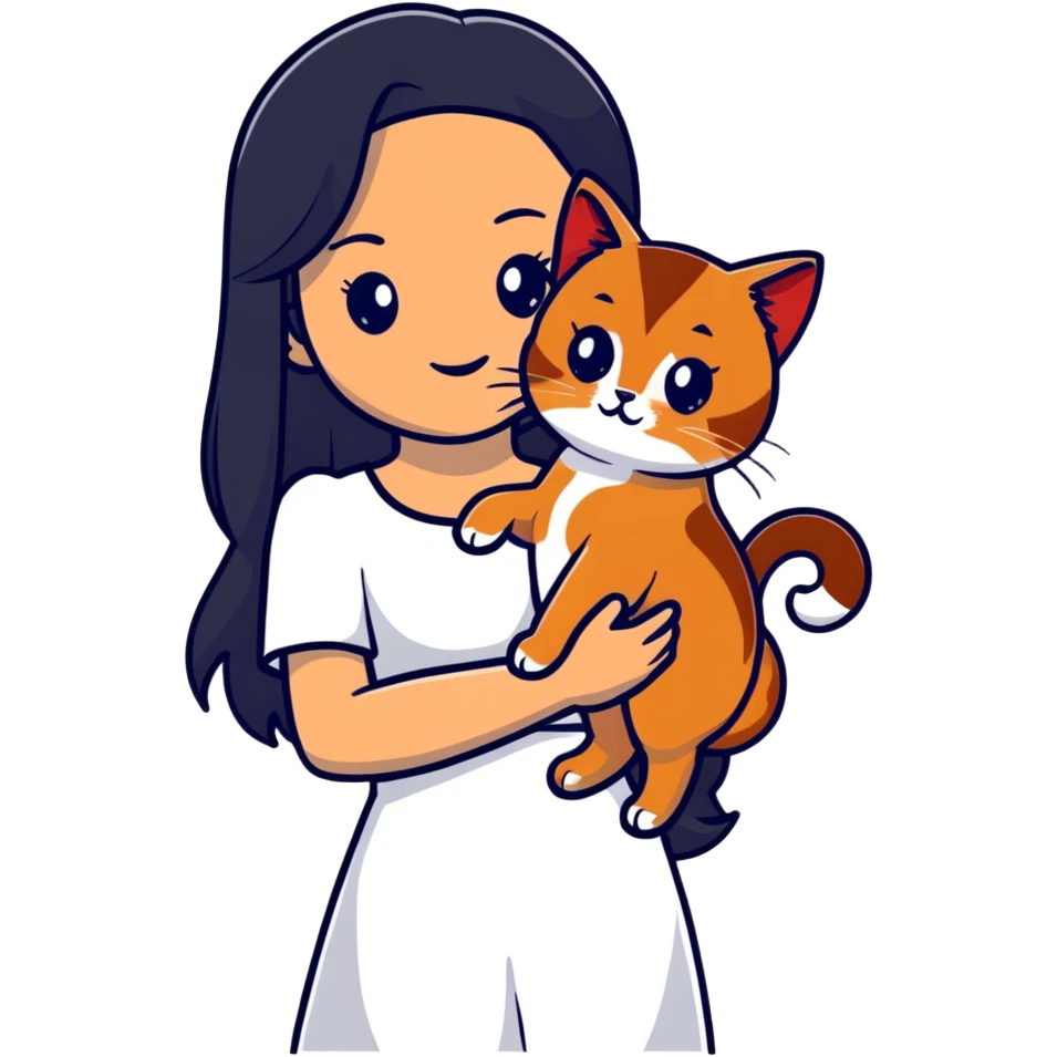 beautiful girl with long black hair wearing a white dress holding an Abyssinian cat with reddish-brown fur in her arms emoji