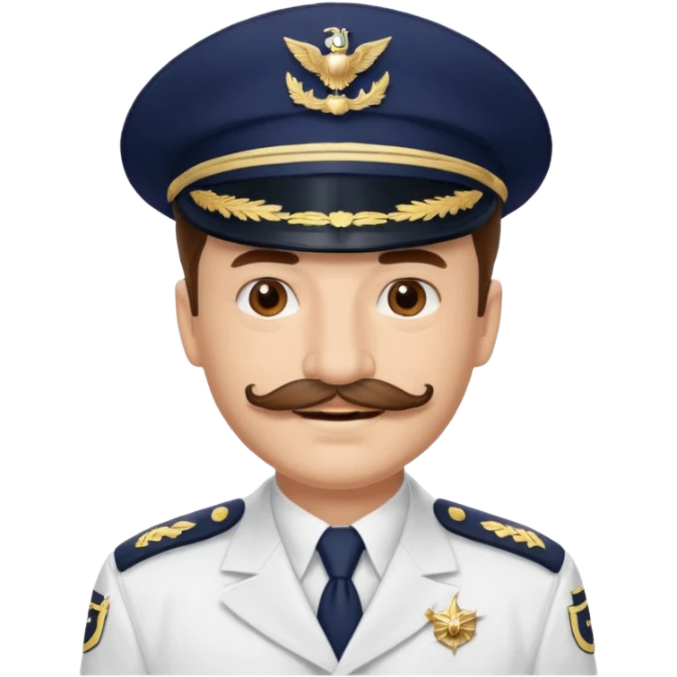 A light-skinned man with brown eyes and original stache, smiling while wearing a white captain’s hat with a navy emblem. emoji