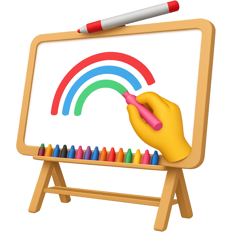 Add a hand drawing something on the whiteboard with colorful markers in emoji style, no background, vibrant and clear colors, simple and concise emoji look emoji