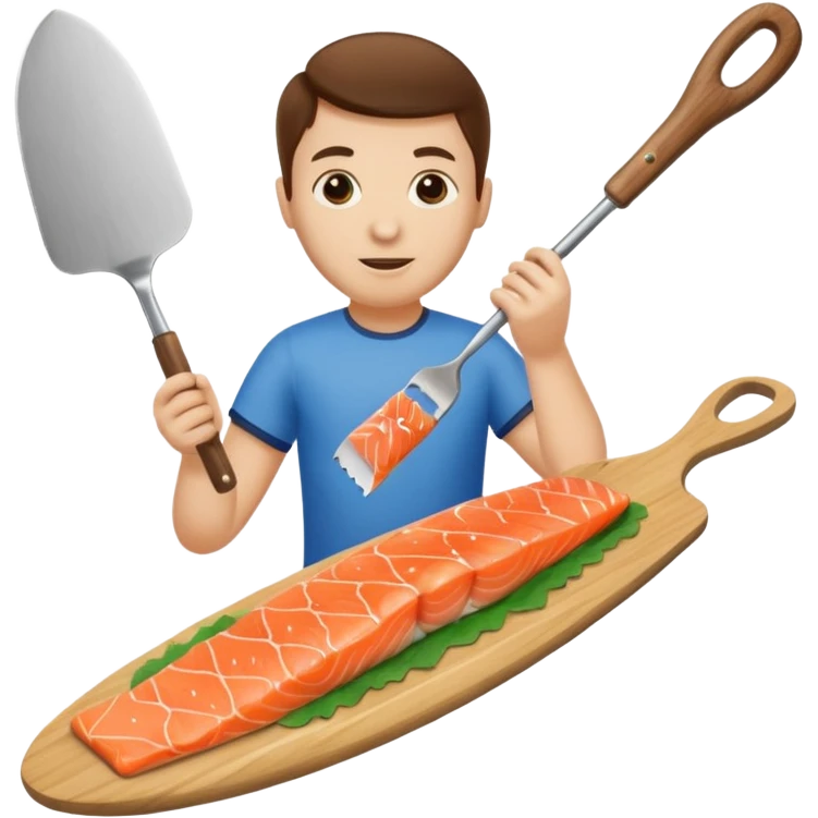 Human like Spatula eating salmon an a trampoline emoji