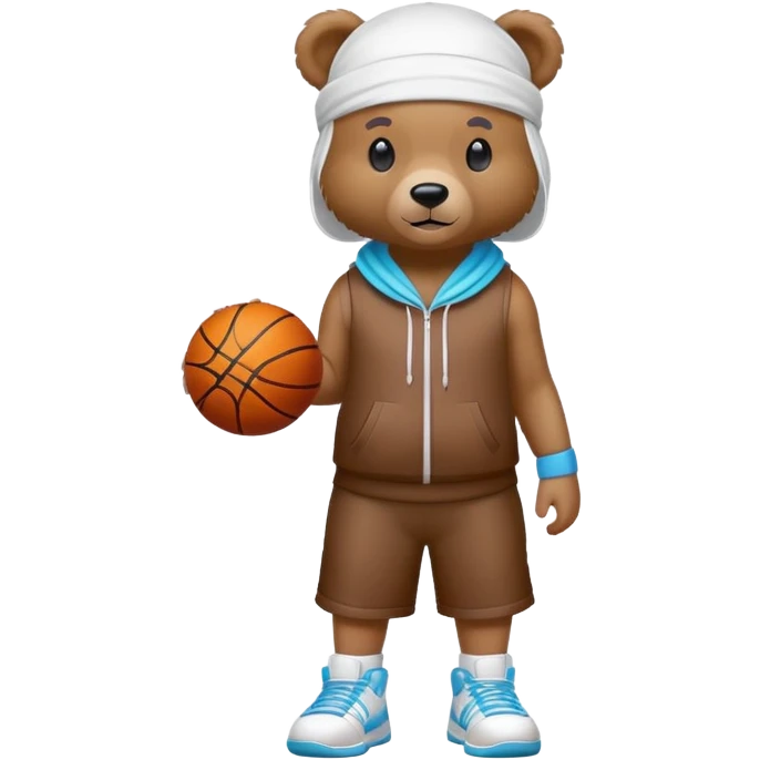 Full-body standing brown bear wearing a white durag on its head and cool colorful basketball sneakers on its feet, cute emoji style emoji