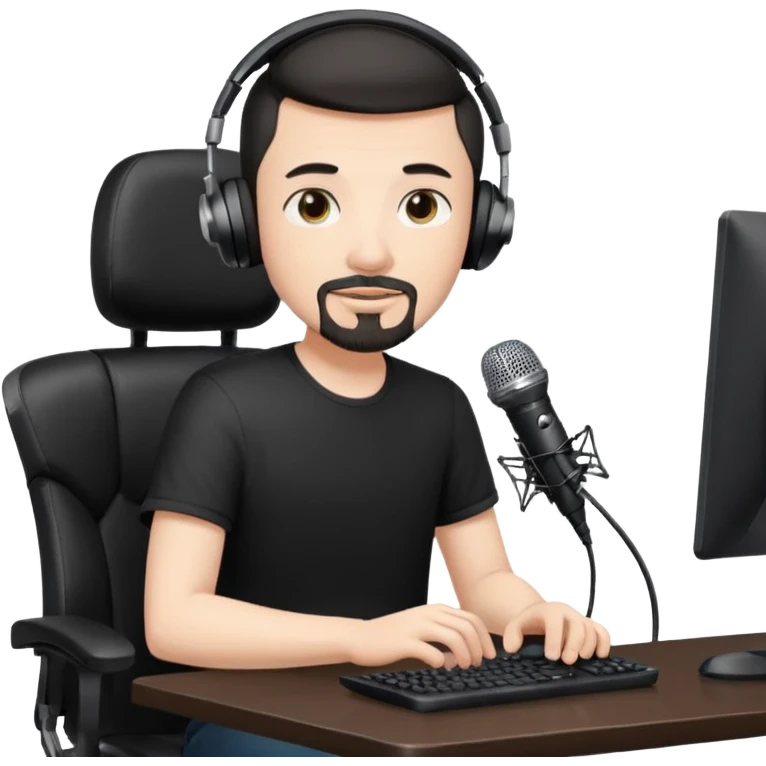 a setup of a youtuber, white skin, thin goatee, black short hair, with a desktop pc on a table, a gaming chair, microphone, white ring light emoji