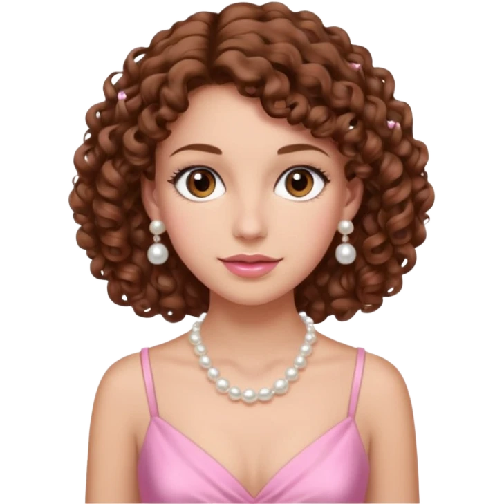 A woman with a brown curly hair and beautiful brown eyes and white skin and pink dress with pearl jewelry emoji