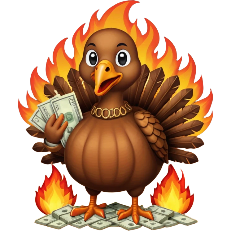 Can you create a turkey warming up a bag of money by a fire emoji