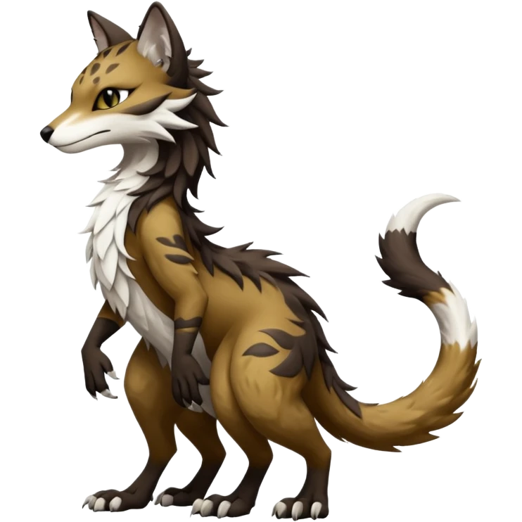 Brown and black and white fantasy feline-vernid-sergal-fursona animal creature with a tufted tail full body with intricate markings  emoji