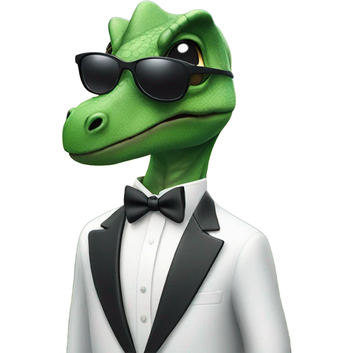 Dinosaur wearing a tuxedo and black aviators with a mountain scape in the background  emoji