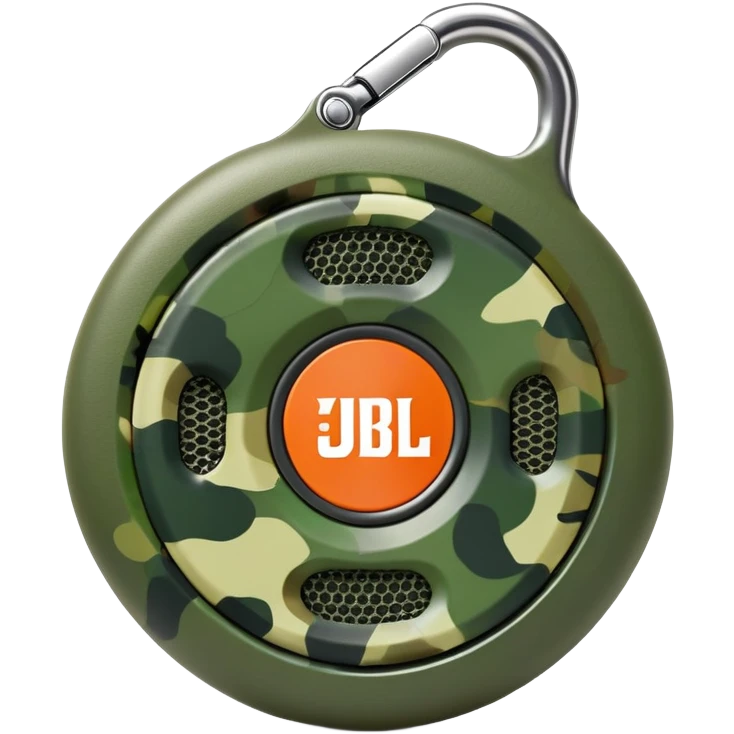 Minimalist JBL Clip 4 speaker with circular shape, carabiner clip, green camouflage pattern, and small JBL logo in the center, iOS emoji style emoji