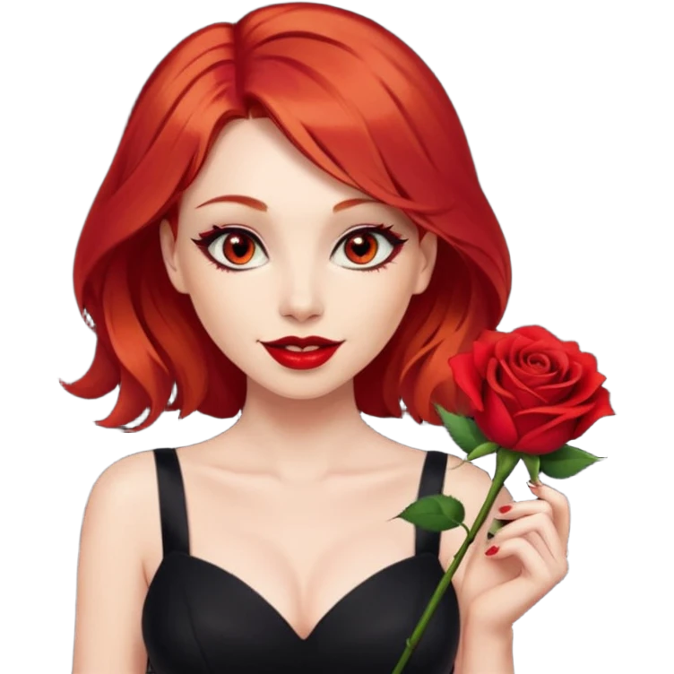 a beautiful woman with red hair and red eyes. The woman wear a black little cutted dress. She have red lipstick and she have a seductive look and smile. She have a rose flower in her hair emoji