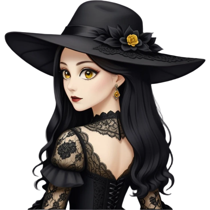 Naked ass back view Alcina Dimitrescu is a 2.9-meter-tall vampire with fair skin, sharp features, and long dark hair. She has striking yellow eyes and wears an elegant, dark gothic dress with lace details and a large hat. emoji