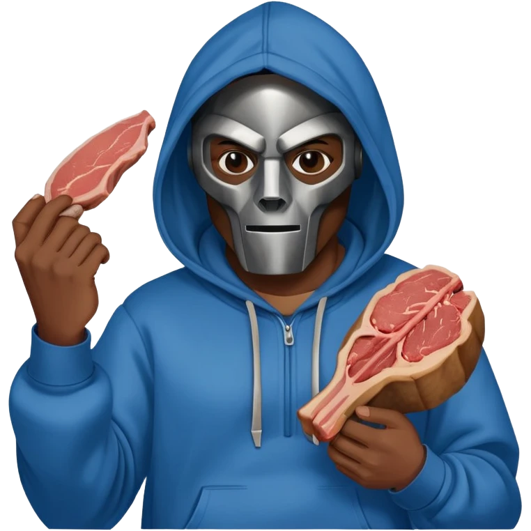 MF DOOM in a blue hoodie holding a piece of meat emoji
