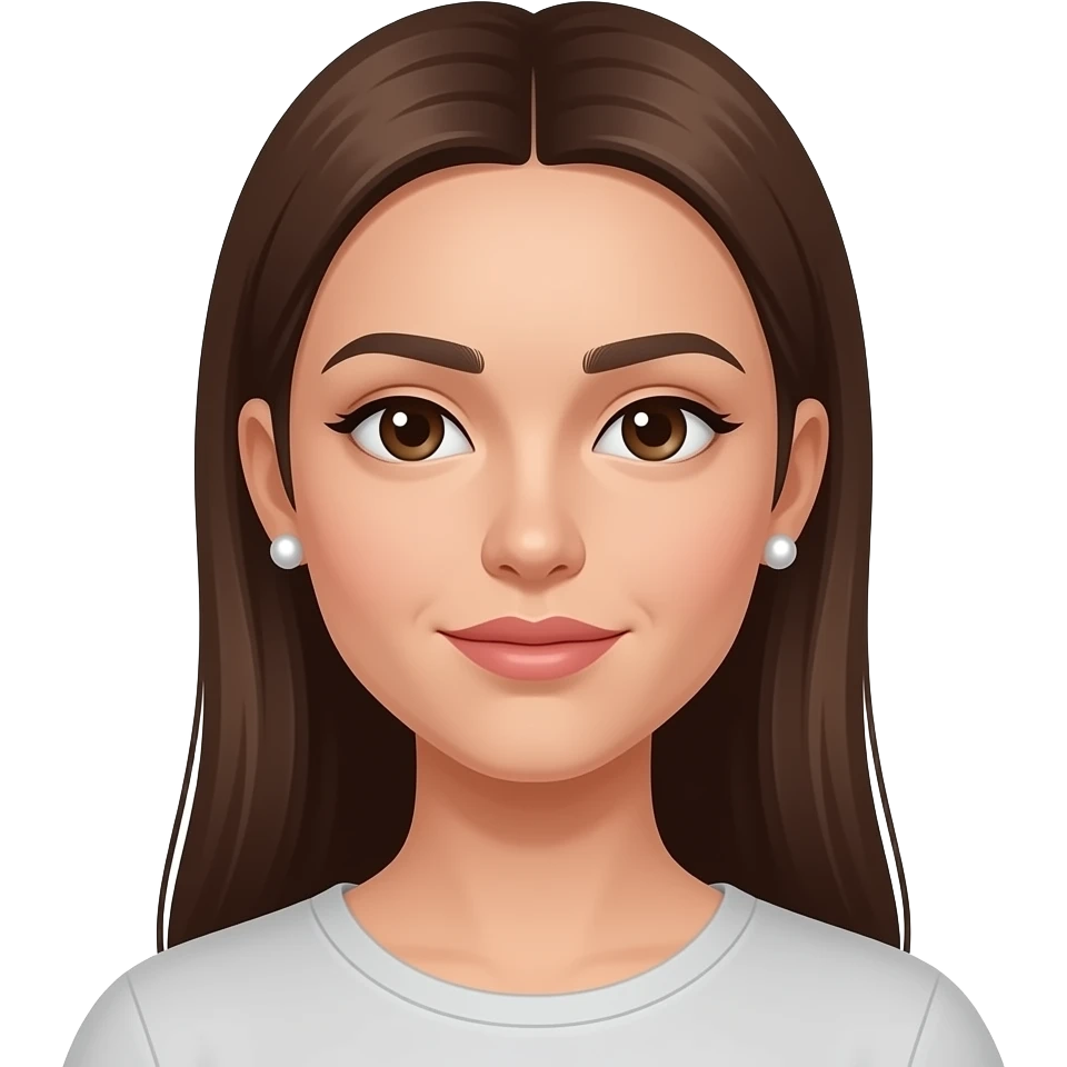 chica con pelo liso castaño largo y cara delgada y alargada y nariz pequeña y alargada y pendientes de perlas. Ojos oscuros emoji