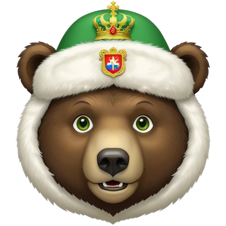 Dark brown grizzly bear face with green eyes, wearing a white fur hat with golden Russian coat of arms in the middle emoji
