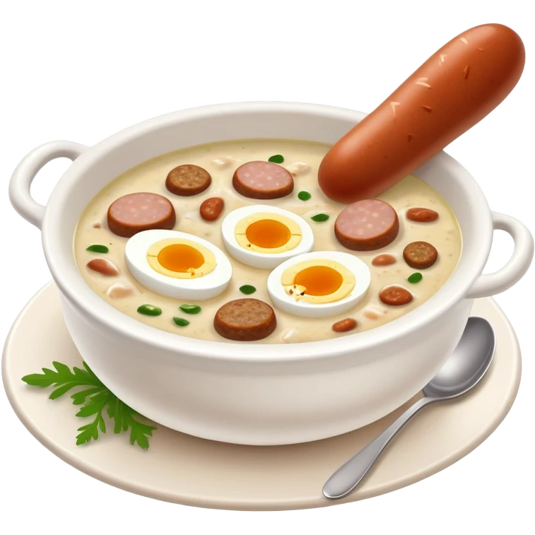 cinematic-realistic zurek-soup-dish-emoji,-depicted-as-a-tangy,-creamy-rye-soup-with-sausage-and-1 boiled egg-rendered-with-detailed-textures-and-warm,-comforting-lighting. emoji