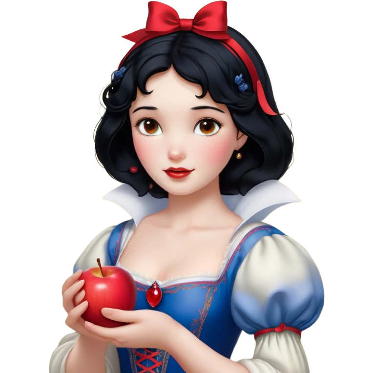 Cinematic Realistic Snow White Portrait, depicted with lifelike skin texture, soft natural lighting, and intricately detailed black hair styled with a red ribbon. Her soft brown eyes radiate innocence and kindness, complemented by a warm, gentle smile. She holds an apple in one hand, her other hand resting against her cheek, embodying her purity and charm. She is dressed in her classic yellow, blue, and red gown, the fabric rich in texture with delicate folds that catch the light beautifully. The portrait features a soft, natural glow with a radiant finish, capturing the essence of timeless beauty in a realistic and painterly style. emoji