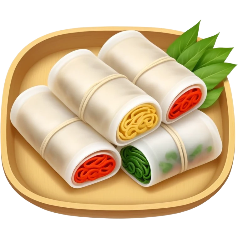 Hangzhou Pian Er Chuan thin rice noodle rolls with fillings, simplified emoji style with bold outlines and bright colors, cartoon style Zhejiang specialty resembling Cheung Fun emoji