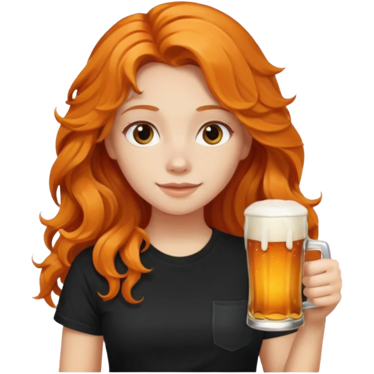 Girl with long orange wavy hair and black t-shirt with beer on hand emoji