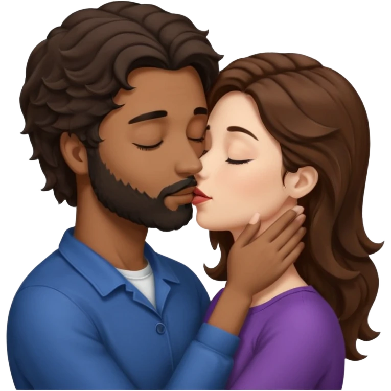 White woman (brown hair with eyes closed) kissing the top of the head (forehead) of brown man with black wavy hair (has a a beard with his eyes closed too). Woman has her lips to the forehead of the man, kissing him. emoji