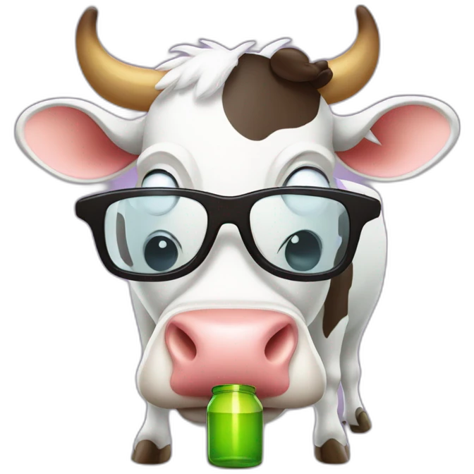 cartoon style cow with glasses drinking beear from bottle emoji