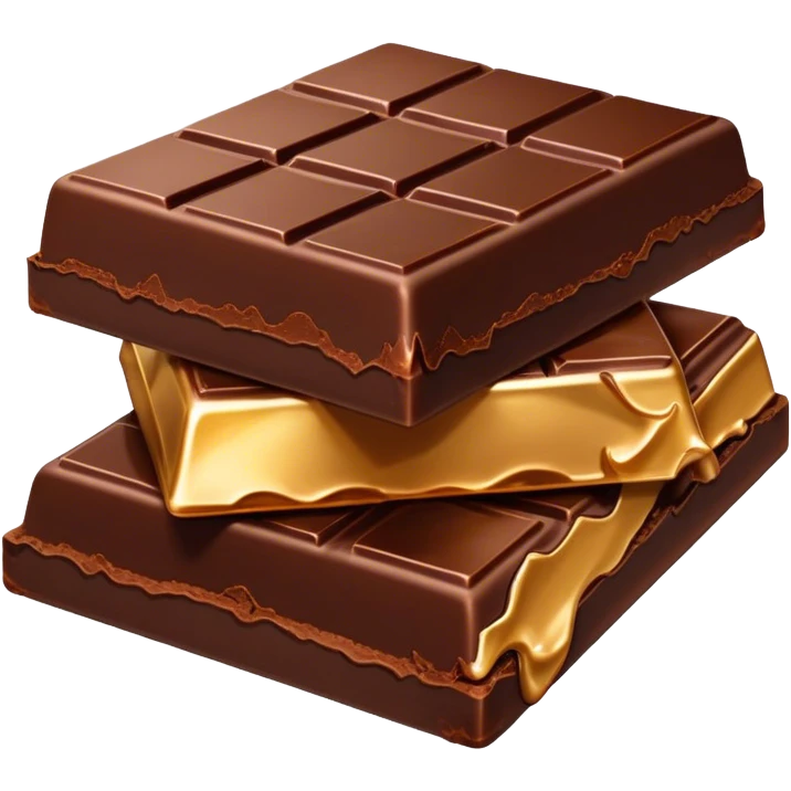 Cinematic silky dark chocolate bar, broken into perfect squares, rich cocoa tones, slightly melting edges, fine texture and decadent shine, warm golden highlights, tempting and rich. emoji