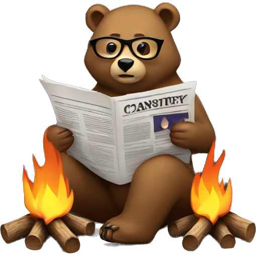 Bear sitting by a campfire wearing glasses reading a newspaper emoji