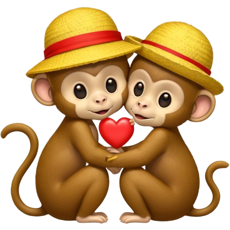 two cartoon monkeys hugging and kissing. The larger monkey is wearing a yellow straw hat like Luffy’s from One Piece. The smaller monkey is wearing a solid red headband. A small red heart floats between them to express affection. emoji