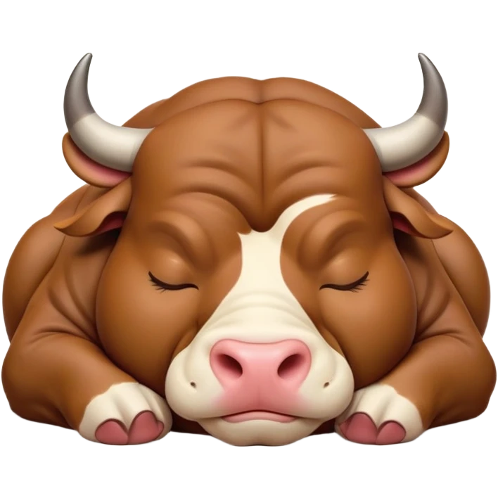 meme-worthy-cute-sleeping-domestic-bull-portrait-emoji,-head-resting-peacefully-with-a-contented-smile,-showcasing-a-robust,-muscular-build-and-a-luxuriously-soft-coat,-eyes-gently-closed-in-serene,-restful-slumber,-simplified,-solid-brown emoji