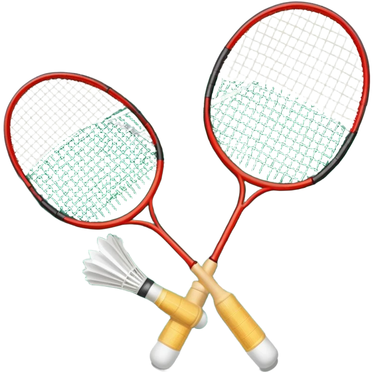 Two crossed badminton rackets with a shuttlecock resting in between, set against the faint outline of a badminton court. The image highlights the tools of the sport, with a subtle emphasis on the court's net and boundaries, symbolizing competition and skill. emoji