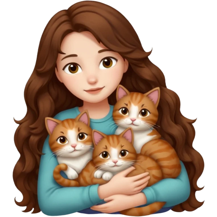 girl with long wavy brown hair snuggling 6 cats emoji