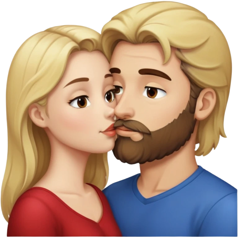 girl with brunette hair kissing a man with blonde hair and brown beard emoji