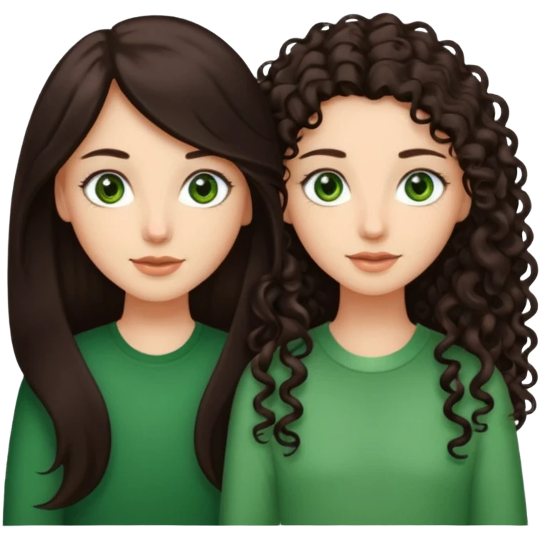 Two besties, 1: long ironed straight darkbrown hair, green eyes, 2: long curly darkbrown hair, brown eyes emoji