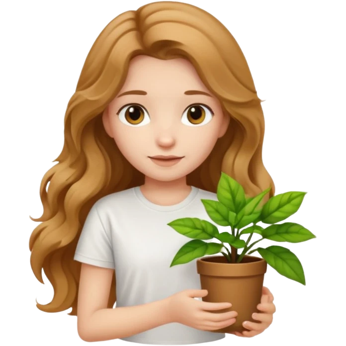 Girl with long light brown very wavy hair and white t-shirt with plant on hand emoji