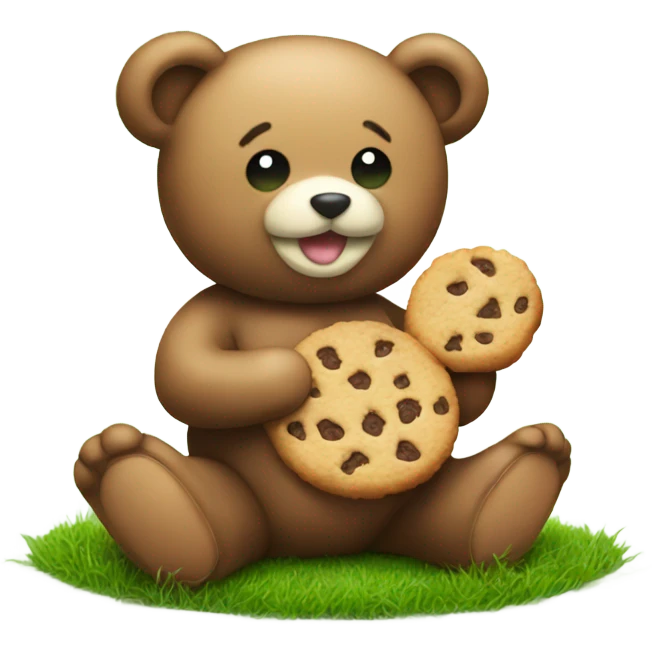 Cute Teddy bear eating a cookie sitting on grass emoji