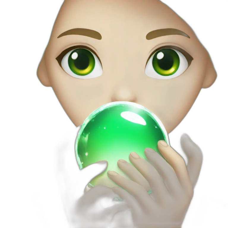 white girl with green eyes, holding white a crystal ball emoji