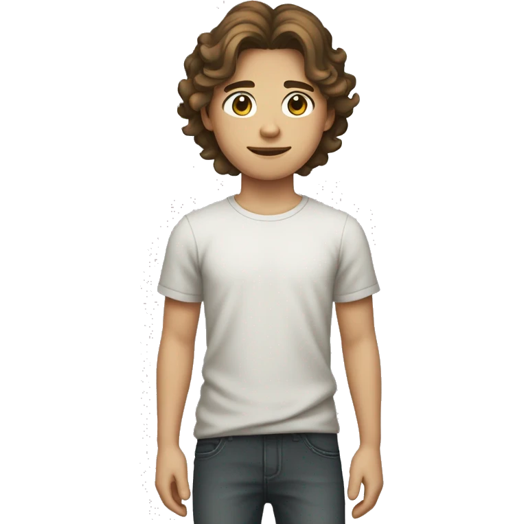 Teenager boy type mexican, White skin, with wavy brown hair (Which go down behind to the nape of the neck), Little bit dezoom emoji