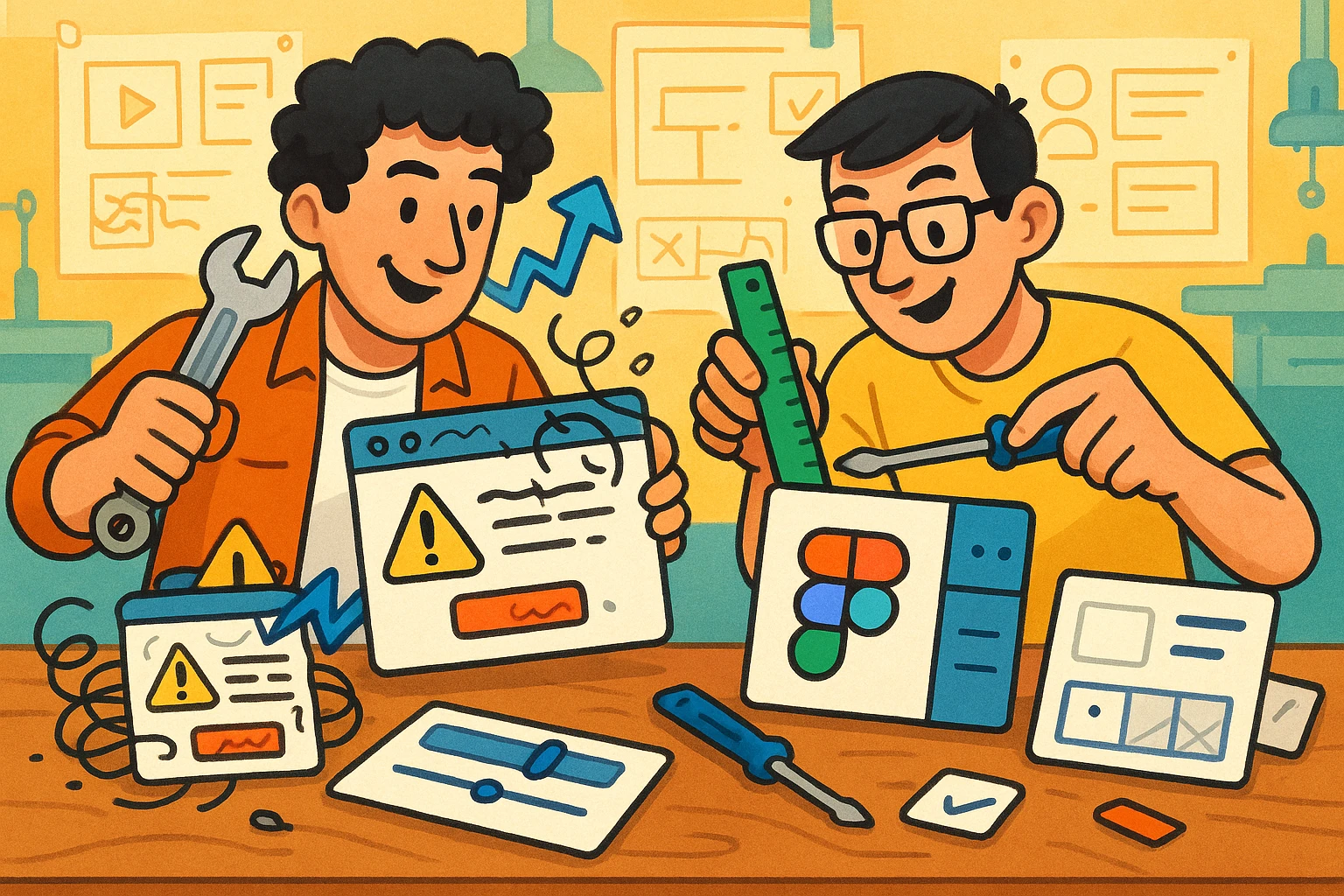 Two designers in a creative repair lab, one with curly hair and one with short dark hair, focused and playful, working together to fix messy old UI components. They use tools like a wrench, ruler, and Figma interface elements. The scene is part chaotic, part clever, showing them transforming legacy UI into something clean and beautiful. emoji