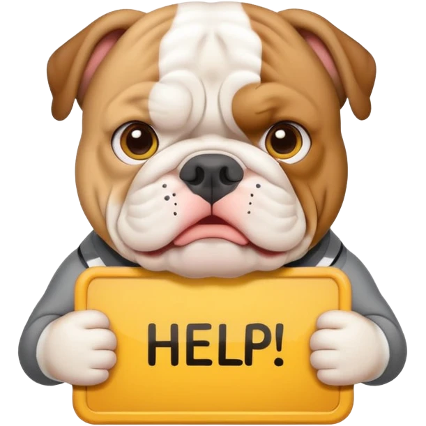 English bulldog holding a 'need help' sign, emoji style emoji