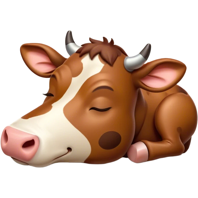 Meme-Worthy Cute Sleeping Brown Cow Portrait Emoji, Head resting peacefully with a contented smile, showcasing a robust build and a luxuriously soft deep brown hide, eyes shut in a serene, restful nap, Simplified yet hilariously adorable features, highly detailed, glowing with a soft, drowsy light, high shine, relaxed and utterly lovable, stylized with an air of playful laziness, bright and heartwarming, soft glowing outline, capturing the essence of a comically sleepy cow, so meme-worthy it feels like it could instantly become the next viral sensation of adorable slumber! emoji
