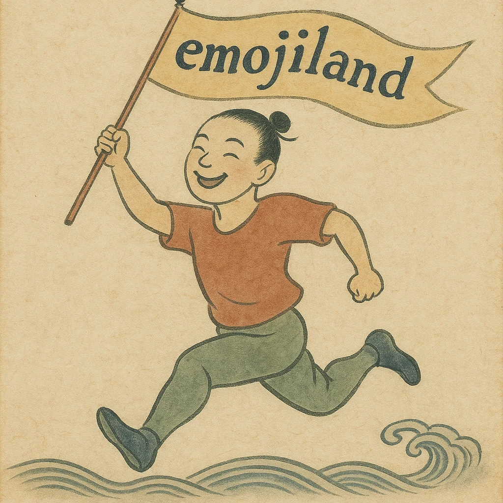 happy runner waving a flag that says 'emojiland' emoji