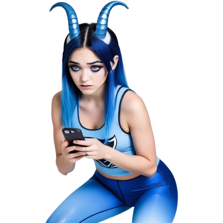 Disapponted-big tears-head back texting on phone-very very large upper body-sexy face-bending forward at waist-very long very straight dark blue to light blue ombre hair-and-blue eyes-thick black eyeliner-cute goat horns-iridescent blue lowcut tanktop with black leggings with glitter superman logo emoji