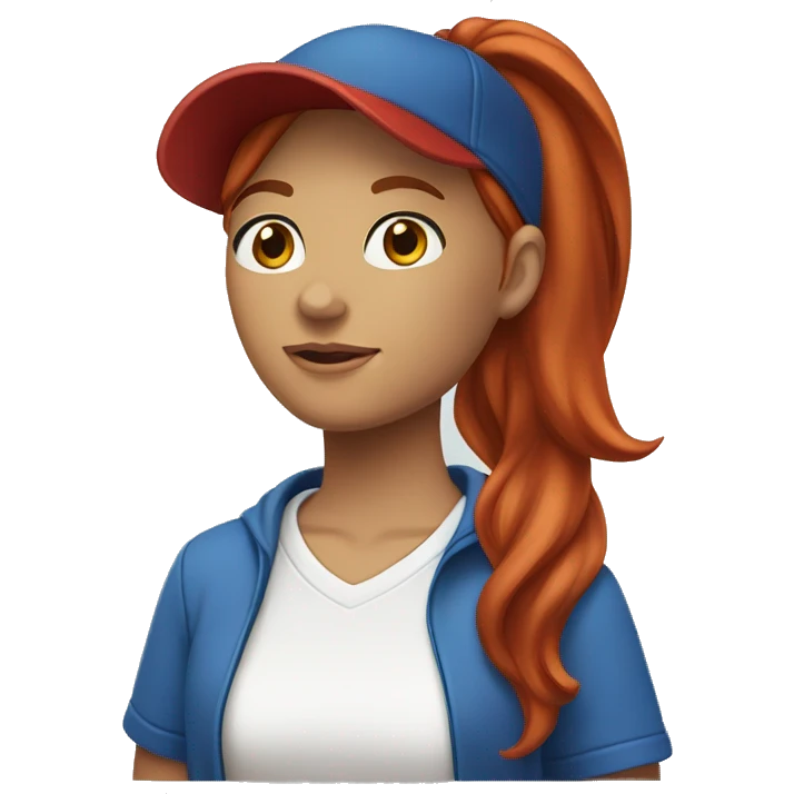 front facing standing female coach with long red hair, wearing a white t-shirt and a simple blue hat emoji