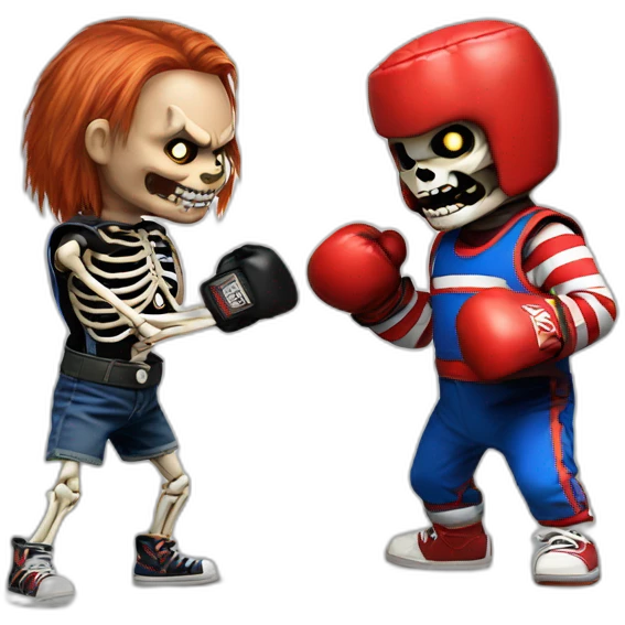 Chucky boxing with a huge skeleton emoji