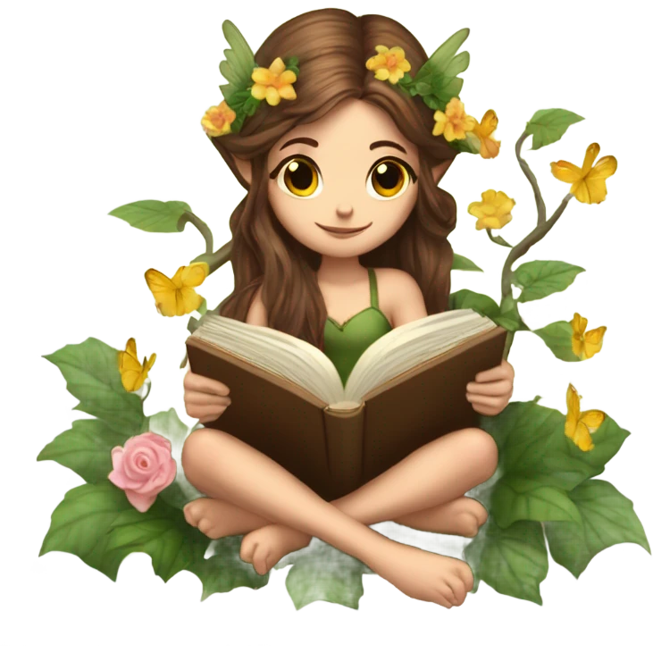 Female forest fairy, wings, pointed elf ears, long brown hair, reading, stack of books, vines, flowers emoji