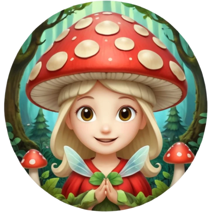 mushroom fairy portrait, head and shoulders only, wearing a large mushroom cap hat, tiny glowing wings visible behind shoulders, cute magical smile, forest fantasy vibe, 3D cartoon, mobile game icon style, clean background, no text, no watermark emoji