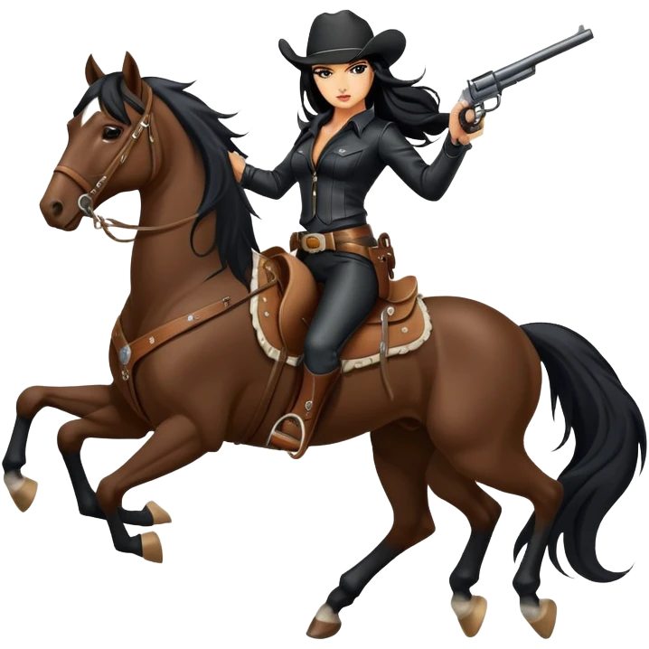 badass confident hot tanned woman with long black hair cowgirl style wearing black leather outfit with gun riding horse in action pose emoji