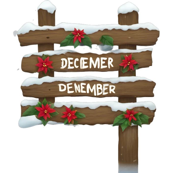 Wood sign with inscription december and poinsettia with snow on sign  emoji