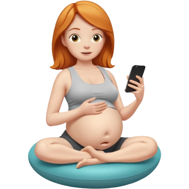 Pregnant ginger lady sitting on a yoga ball watching tv with a burrito in one hand and the other hand on one of her boobs emoji