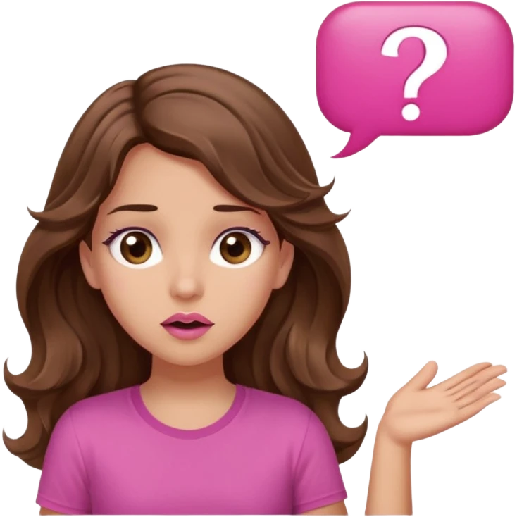 girl with long wavy brown hair, brown eyes, light to medium complexion, in a pink shirt, pink lips, long lashes, shugging, question mark one speech bubble emoji