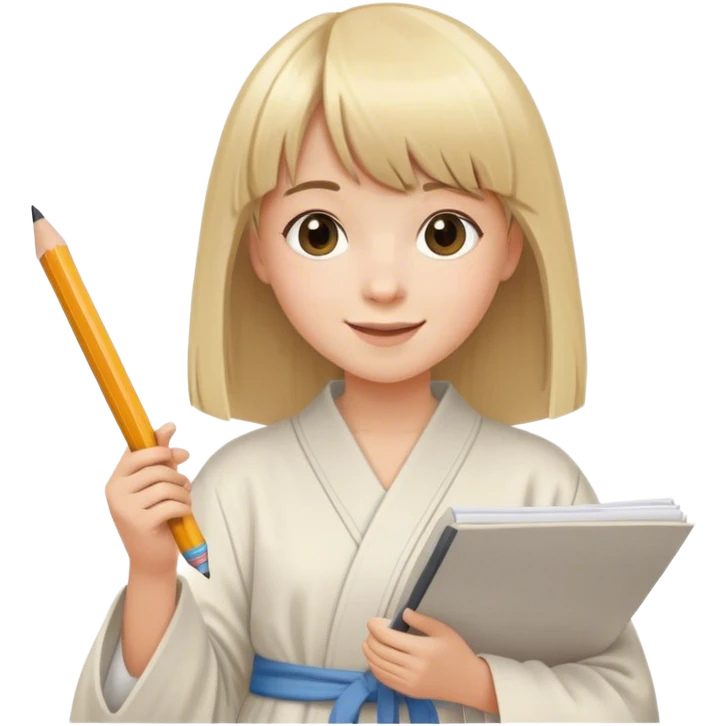 young very happy artist with straight blonde hair and bangs, with pencil and paper and casual robe emoji
