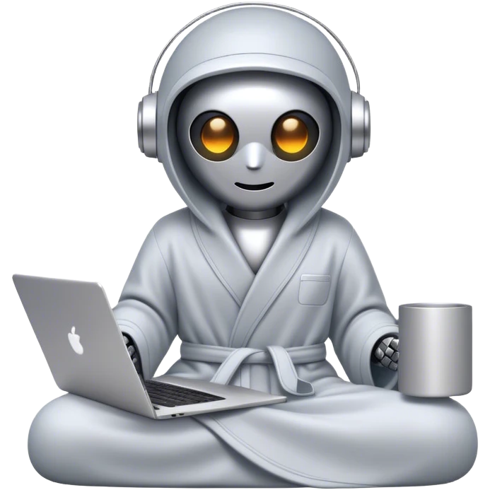 Emoji of a remote-working robot in a cozy smooth bathrobe with a laptop. The robot has a sleek helmet-like head with glowing digital eyes. Relaxed yet high-tech vibe. emoji