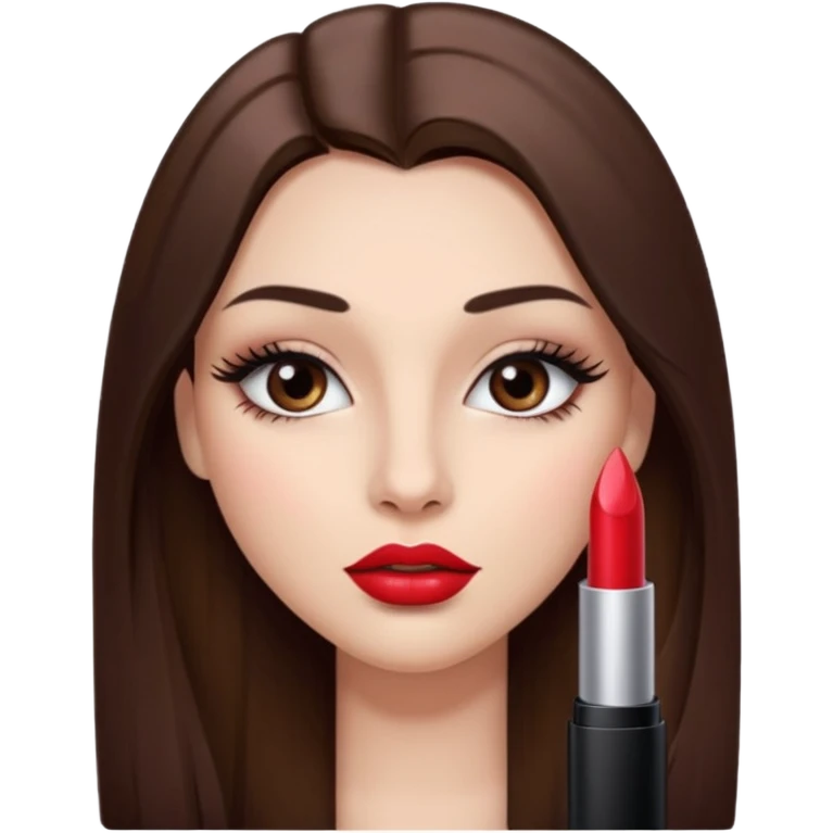Una chica con piel muy clarita con pleo liso largo de color castaño y unos ojos marrones oscuro y labios grandes y nariz bonita y con unas pestsñas y maquillada emoji